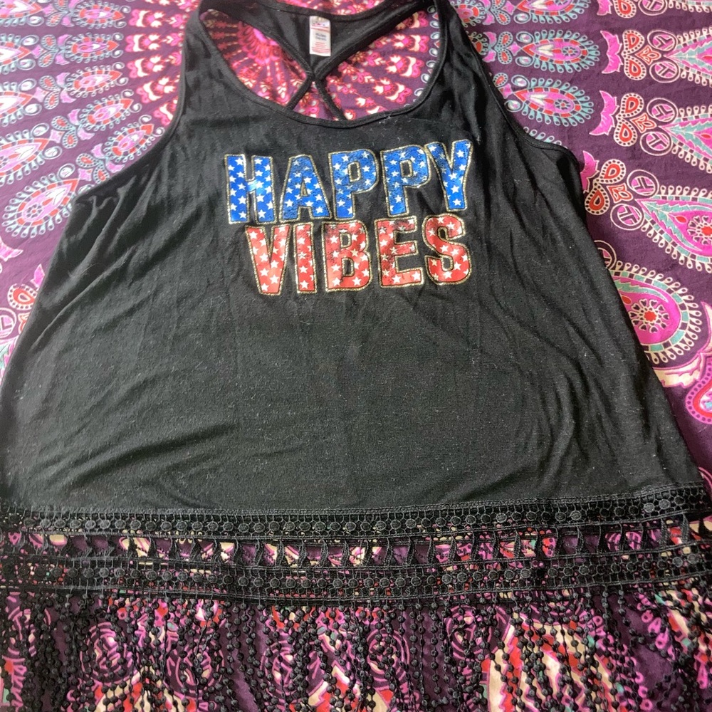 XL HAPPY VIBES PATRIOTIC tank w fringe on bottom